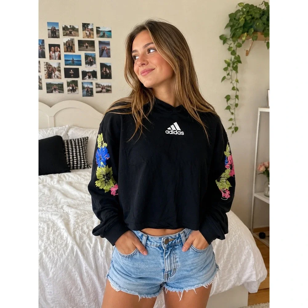 Adidas Girls Black Floral Sleeve Hooded Long Sleeve‎ T-Shirt Loose Fit Size L 14